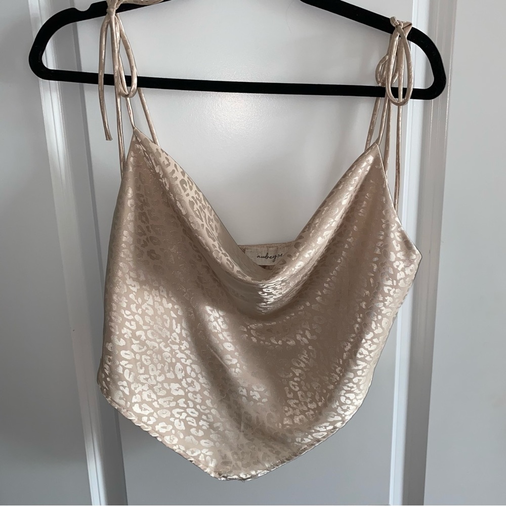 Satin leopard cropped tank cowl neck
